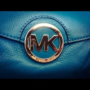 Michael Kors Teal Shoulder Bag with Gold MK Medallion
